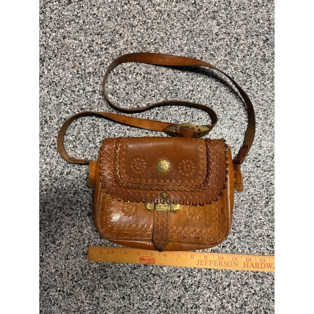 Vintage Tooled Leather Crossbody Saddle Bag Floral Brown Boho Western Purse